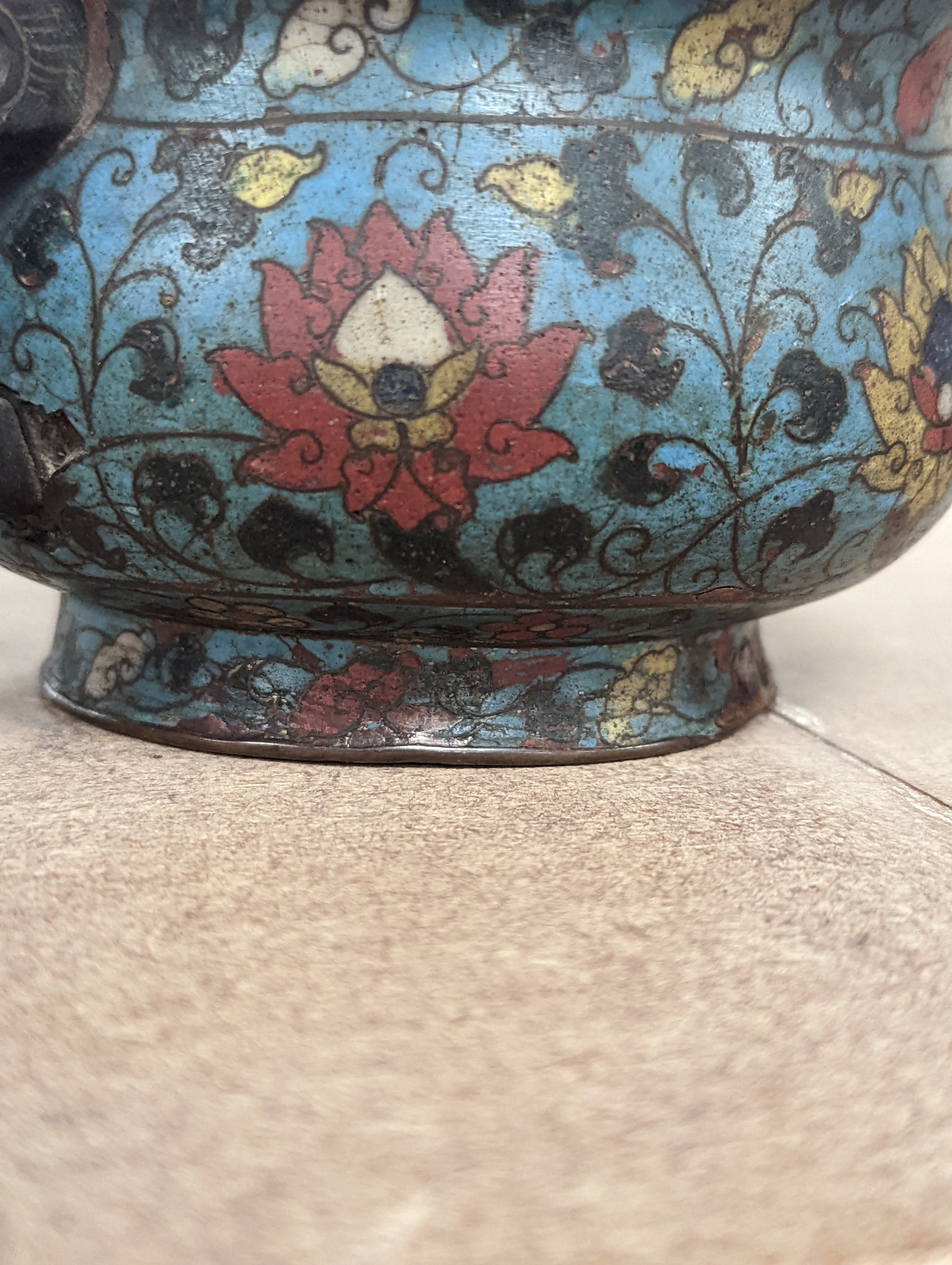 A Chinese late Ming dynasty bronze and cloisonné enamel ding censer 18cm